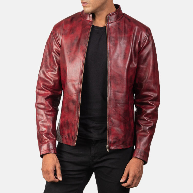 Mens Alex Distressed Burgundy Leather Jacket 59323-5-1568979194299